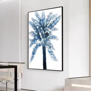 2024 Large Size Canvas Wall decor painting stereoscopic effect blue coconut tree floater frame oil with frame 60*90cm Handpaint