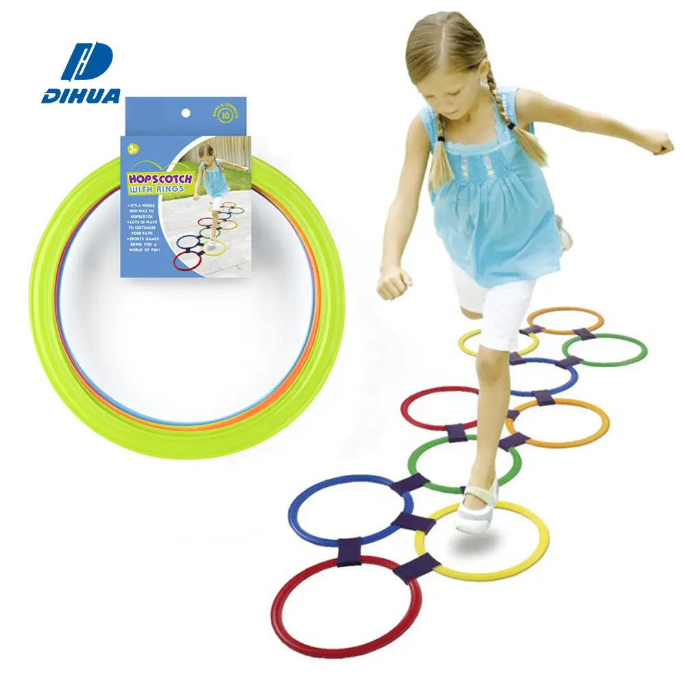Kids Training Game Hopscotch Ring Game Set 10 Multi-colored Plastic Rings Indoor Outdoor Obstacle Course Game Play