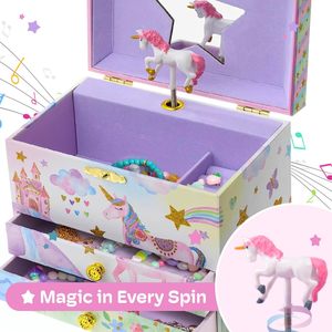Scatola Portagioie Musicale Incantevole a Forma di Unicorno per Ragazze, Design Arcobaleno Scintillante, 2 Cassetti Estraibili, Finitura Lucida - Product Image 3