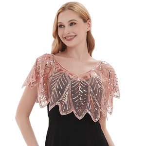 Châle de soirée des années 20, cape de mariée, boléro vintage, brodé de feuilles et de motifs zig-zag, style Charleston, avec sequins et perles - Product Image 3