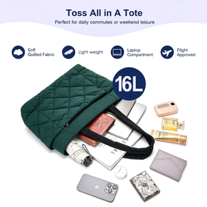 Sac fourre-tout matelassé pour femme en nylon, résistant à l'eau, avec fermeture éclair, broderie décorative - Product Image 3