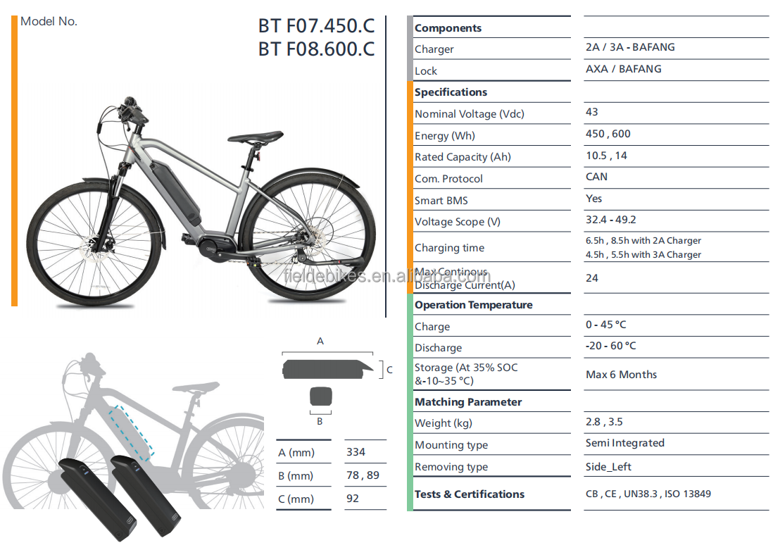 Bafang BT F07.450.C / BT F08.600.C 43v電動自転車リチウムバッテリー