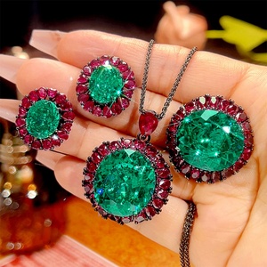 Vintage Eco-friendly Copper Black Gold Plated Bridal Jewelry <b>Set</b> 18*20mm Paraiba Zirconia Pendant <b>Earrings</b> Ring <b>Set</b> for Wedding - Product Image 2