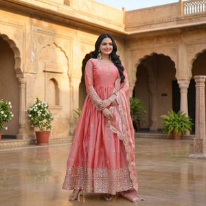 Ensemble robe et dupatta TENNECY pour femme, broderies lourdes de sequins et de Zari, réversible, infroissable, idéal pour les fêtes et le Diwali - Product Image 1