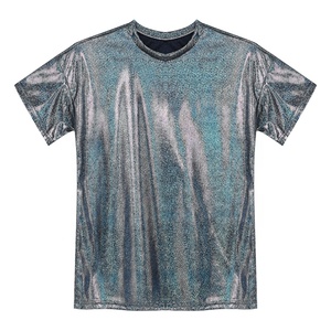 Camiseta Holográfica para Mujer, Estilo Jazz, Metálica, Manga Corta, Cuello Redondo, Brillante, para Festivales, Fiestas, Rave, Iridiscente, Streetwear - Product Image 4