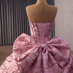 261016 Robe de bal rose élégante style Quinceañera, avec décolleté cœur, ornée de perles et d'un nœud, traîne chapelle, longueur ras du sol, en organza 100% polyester - Product Image 6