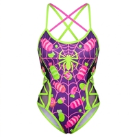 Body de poliéster/spandex reactivo a los rayos UV, color morado neón, con diseño de telaraña, para mujer, con aberturas y cordones, estilo rave.