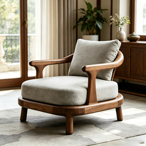 Fauteuil d'appoint, structure en bois massif, tissu en lin <span class=keywords><strong>gris</strong></span> <span class=keywords><strong>clair</strong></span>, fauteuil moderne du milieu du siècle pour salon, villa, hôtel, durable - Product Image 4