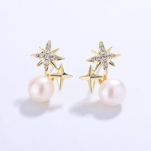 Boucles d'oreilles pendantes en argent S925 plaqué or avec CZ et perle d'eau douce étoile du Nord, bijoux célestes, cadeau pour femme - Product Image 3