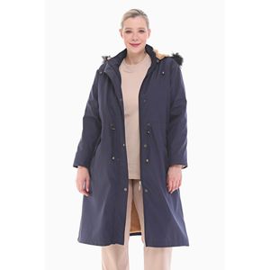 Manteau long bleu marine doublé de fourrure, parka pour femme avec capuche amovible - Product Image 2