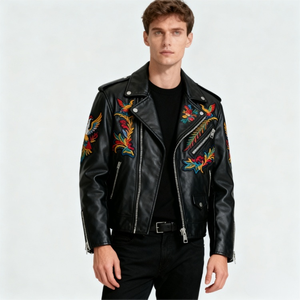 Chaqueta de Motociclista de Cuero PU con Bordado, Chaqueta de Cuero Genuino para Hombre, Chaqueta de Motociclista para Hombre - Product Image 2