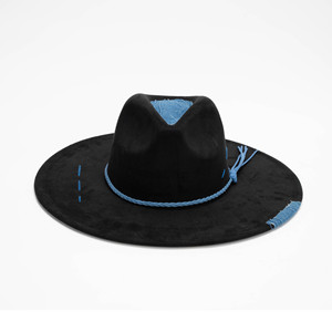 Chapeau de cowboy occidental en daim noir à large bord, tendance 2025, pour hommes et femmes, avec patch en jean, couture bleue et bande à <span class=keywords><strong>pompon</strong></span>, pour le quotidien, les activités de plein air et les fêtes - Product Image 2