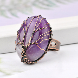 Bague en pierre naturelle avec arbre de vie, anneau réglable, fait à la main, style rétro, Vintage, fil de cuivre, ovale, pierres précieuses, cristal de guérison - Product Image 5