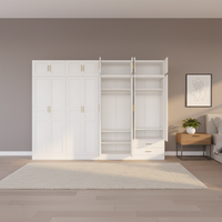 Armoire autoportante moderne en acier, 240 cm de large, blanc brillant, poignées dorées, tiroirs réglables, grande capacité, chambre à coucher