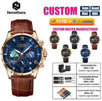 Montre-bracelet à quartz pour homme LIGE 89107, 42 mm, cadran ciel étoilé avec phases de lune, bracelet en cuir marron, chronographe à trois aiguilles, étanche 3 ATM