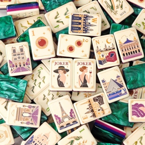 Ensemble de Mahjong parisien américain prêt à offrir, 160 tuiles de Mahjong en acrylique de qualité supérieure avec carte <span class=keywords><strong>d</strong></span>'instructions, carte de <span class=keywords><strong>jeu</strong></span> et sac de rangement - Product Image 1