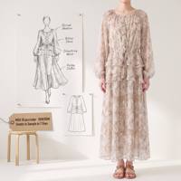 Robe longue beige à imprimé cachemire en mousseline de soie à manches lanternes pour femme, fabricant de vêtements sur mesure OEM ODM