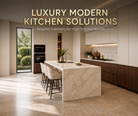 Ensemble d'armoires de cuisine modulaires KEJIA, style moderne minimaliste sans poignées, deux tons crème et grain de bois, avec îlot central