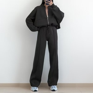 Black Women Zip Up Hoodie and Wide Leg Pants <b>Set</b> Casual Loose Knitted <b>Two</b> <b>Piece</b> Outfit <b>Lounge</b> Wear - Product Image 1