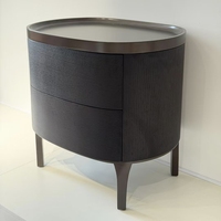 Table de chevet moderne de luxe écologique en placage de bois fumé fait main, 2 tiroirs, plateau elliptique métallique, ouverture par poussée, pour salle à manger