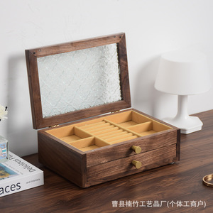 Wood Jewelry <b>Box</b> 24X16.5X8Cm With <b>Glass</b> Top And Dual Drawers For Storage - Product Image 3