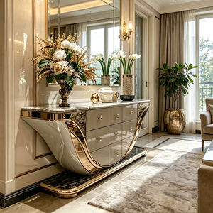 Buffet en fibre de verre noir mat avec incrustation irrégulière en bloc de pierre ardoise dorée, meuble de rangement mixte avec <span class=keywords><strong>tiroirs</strong></span> pour entrée de villa et usage domestique - Product Image 4