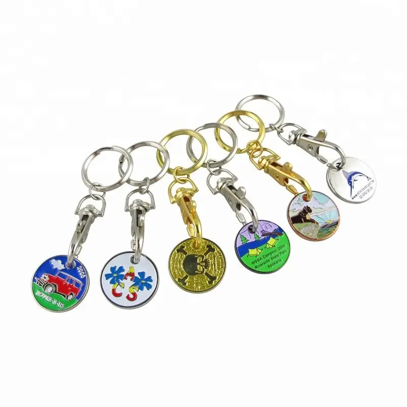 Biểu tượng tùy chỉnh Mặt dây chuyền Keyring Porte Cle mua sắm giỏ hàng Chip Xe đẩy mã thông báo đồng xu Vòng trống llaveros Kay Vòng chuỗi kim loại Keychain