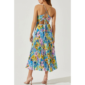Nuovo Stile Abito da Spiaggia per le Vacanze con Scollo a V, Stampa Floreale, Senza Maniche, Plissettato, Abito <span class=keywords><strong>Midi</strong></span> alla Moda con Lacci - Product Image 4