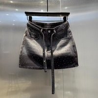 Mini-jupe en jean vintage grande taille pour femme, dégradé, ornée de strass, taille haute, coupe ajustée trapèze