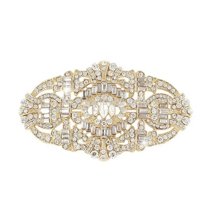 Broche de fivela para decoração de casamento, barato, banhado a ouro, broche, joias de cristal transparente, formato de cinto, broche de metal de strass