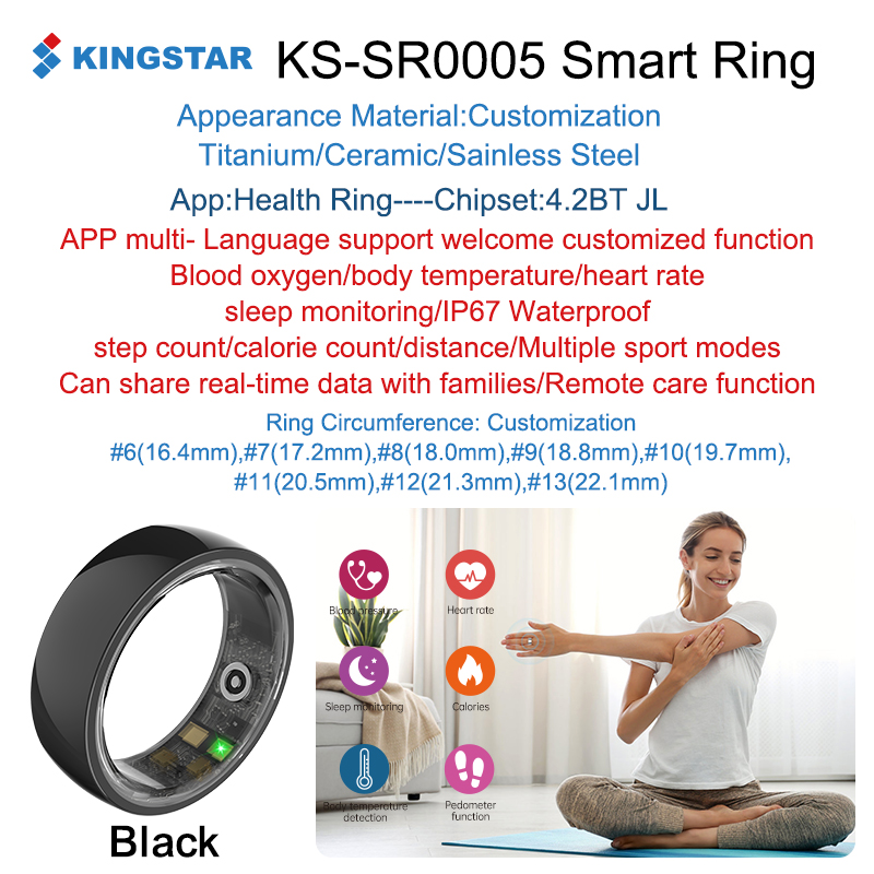 Anillo inteligente negro KINGSTAR-SR0005-AI para salud, sueño y fitness