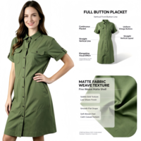 Robe chemise verte à revers, manches courtes, taille à cordon, longueur midi, style vintage, avec poches utilitaires, décontractée pour l'extérieur et la ville