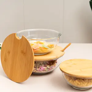 厨房用竹盖嵌套玻璃沙拉搅拌碗