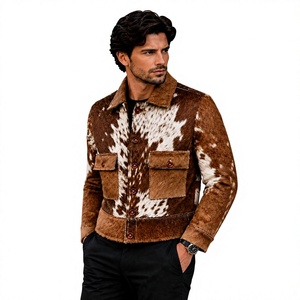 Chaqueta de Cuero Genuino para Hombre, Estilo Motero, con Cuello Camisero, Cierre de Cremallera, Estampado Animal, para Invierno - Product Image 1