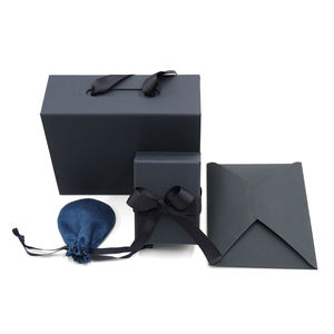 Navy blue magnet <b>box</b> with ribbon jewelry set <b>box</b> luxury jewlery package blue pouch - Product Image 2