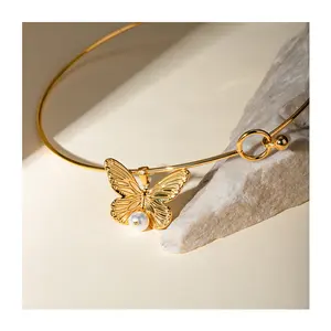 Colar feminino elegante para mulheres, pingente de pérola borboleta em aço inoxidável 18K banhado a ouro, moda elegante XIXI
