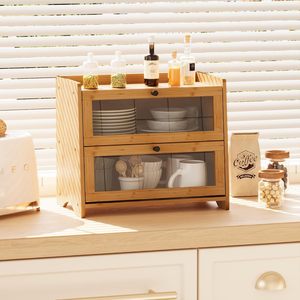 Boîte à pain pour comptoir <span class=keywords><strong>de</strong></span> cuisine, grand bac <span class=keywords><strong>de</strong></span> rangement en bambou pour pain fait <span class=keywords><strong>maison</strong></span>, boîte à pain à double couche pour pain au levain - Product Image 5