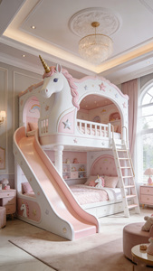 Letto a Castello <span class=keywords><strong>Unicorno</strong></span> Stile Principessa Francese Rosa, Letto Matrimoniale Madre-Figlia con Scivolo e Contenitore per Ragazze, Multifunzionale - Product Image 2