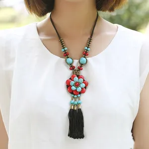 Brave Light Tourist Souvenirs Wholesale Fanpu Wax Thread Tassel Necklace Ethnic Style Retro Turquoise Flower Braided Necklace