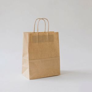 Bolsa de Papel Kraft Reciclado KM, Reutilizable para Compras, para Tiendas de Moda Femenina, Impresa en Amarillo - Product Image 1