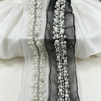 Bordure en dentelle ondulée en maille filet avec strass et perles faits à la main, embellissement 3D pour robe de mariée, couture et décoration de vêtements