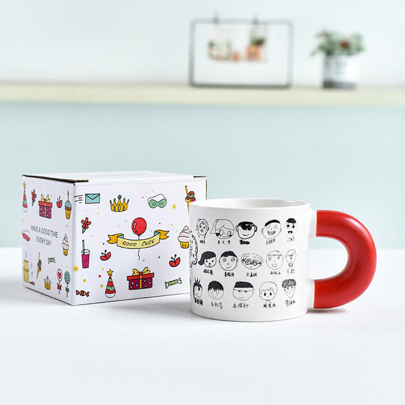 Matte white chubby cup with red handle cartoon color box