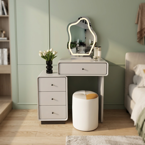 Modern White Makeup <b>Vanity</b> <b>Table</b> with Lighted <b>Mirror</b> and Storage Drawers for Bedroom Furniture - Product Image 2