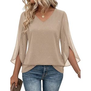 Women Blouse V Neck 3/4 Flutter Sleeve <b>Sequin</b> Chiffon Asymmetric Tunic <b>Top</b> Everyday Wear Sheer Layer Design - Product Image 1