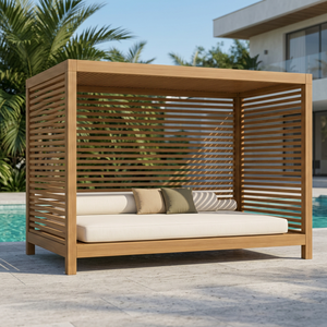 Artisanal Teak Wood Poolside Cabana Double Daybed Pavilion with Slatted Wall Panels - Product Image 1