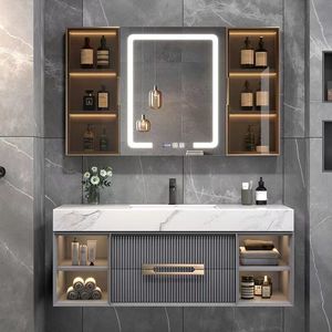 Ensemble de meuble de salle de bain pour évier sans couture en pierre intelligente avec unité de vanité Lavabo et lavabo multifonctionnels pour toilettes minimalistes - Product Image 3