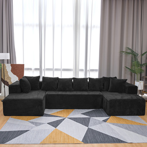 Ensemble de canapé modulaire en forme de U, 130 pouces, 4 places, avec chaise longue, design réversible, tissu en velours côtelé rayé en éponge, NOIR - Product Image 1