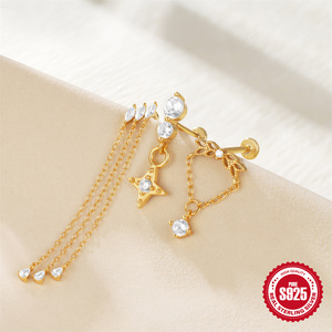 CANNER Pendientes de cartílago de plata de ley 925 con borlas de estrella y ojo de caballo chapados en oro de 18 quilates para mujer S925 - Product Image 3