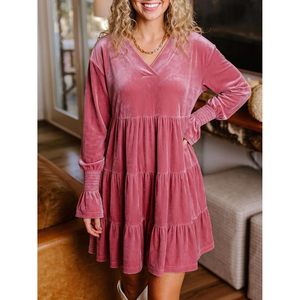 Robe tunique en velours pour femme, col en V, manches longues bouffantes, volants superposés, coupe trapèze, longueur thé, robe de soirée - Product Image 4