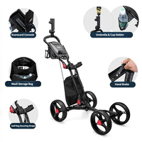 Carrito de Golf Plegable PGM de 4 Ruedas con Freno Manual, Soporte para Sombrilla y Porta Botella de Agua, Carrito Manual Ligero